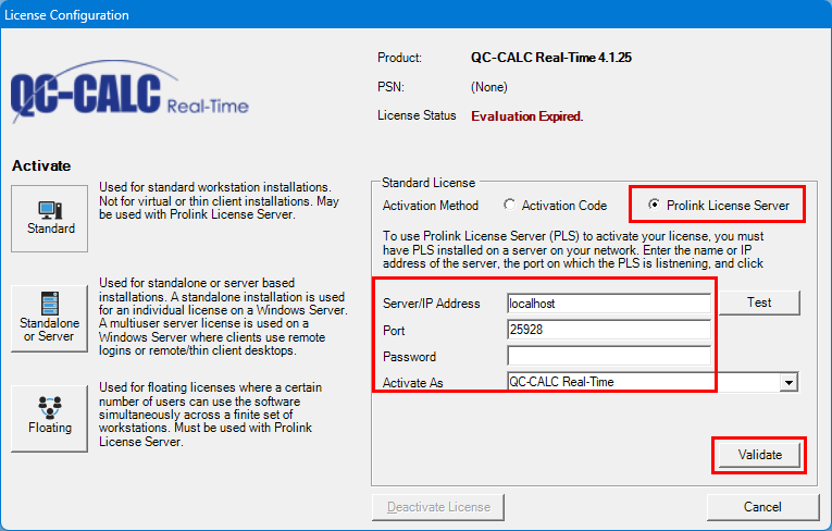 QC-CALC Real-Time v.4.1 - License Configuration